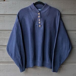 VTG 80s Lands' End Navy Blue 100% Cotton Ribbed Knit Henley Sweater Womens Large